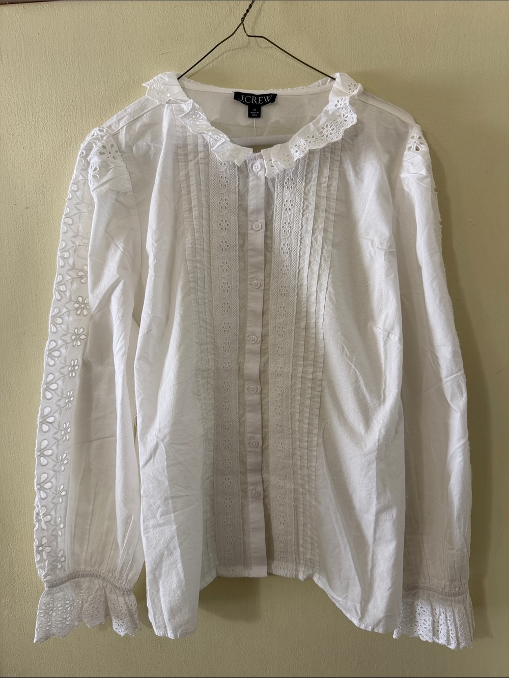 J. Crew White Cotton Eyelet Pintuck Button-Down Blouse